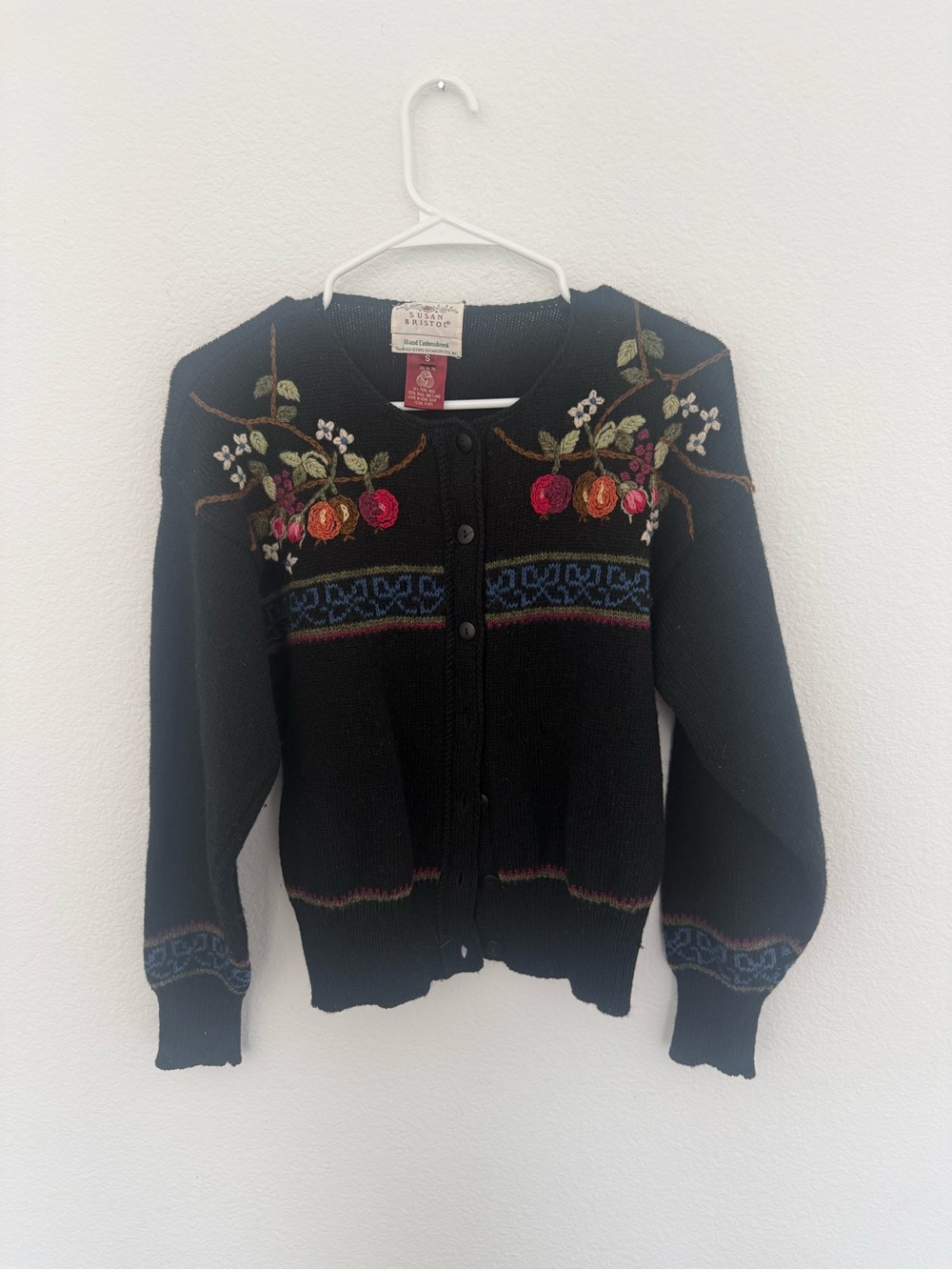 Susan Bristol Vintage Cardigan Black Hand Embroidered Floral Wool Shetland Sz S
